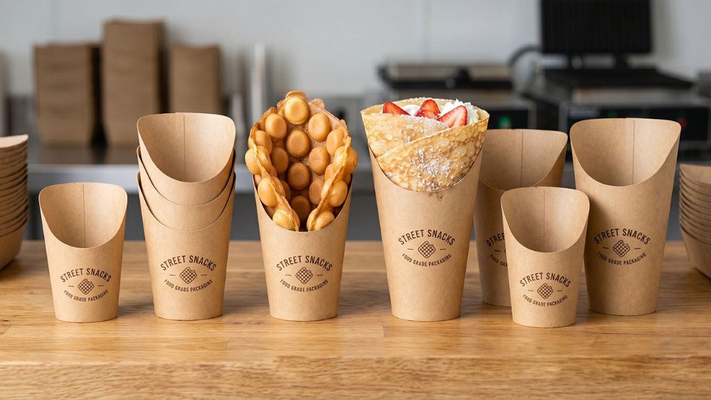 Custom Food Grade Street Snack Egg Waffle Holder Paper Packaging Crepe Cone Chip Egg Bubble Waffle Packaging Food Container Box
