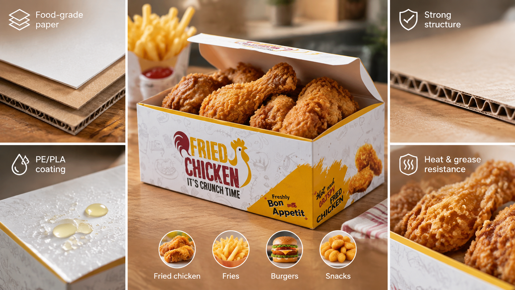 Custom Fried Chicken To Go Box Restaurant Coated Paper Takeaway Boxes For Chips Take Out Food Container-1