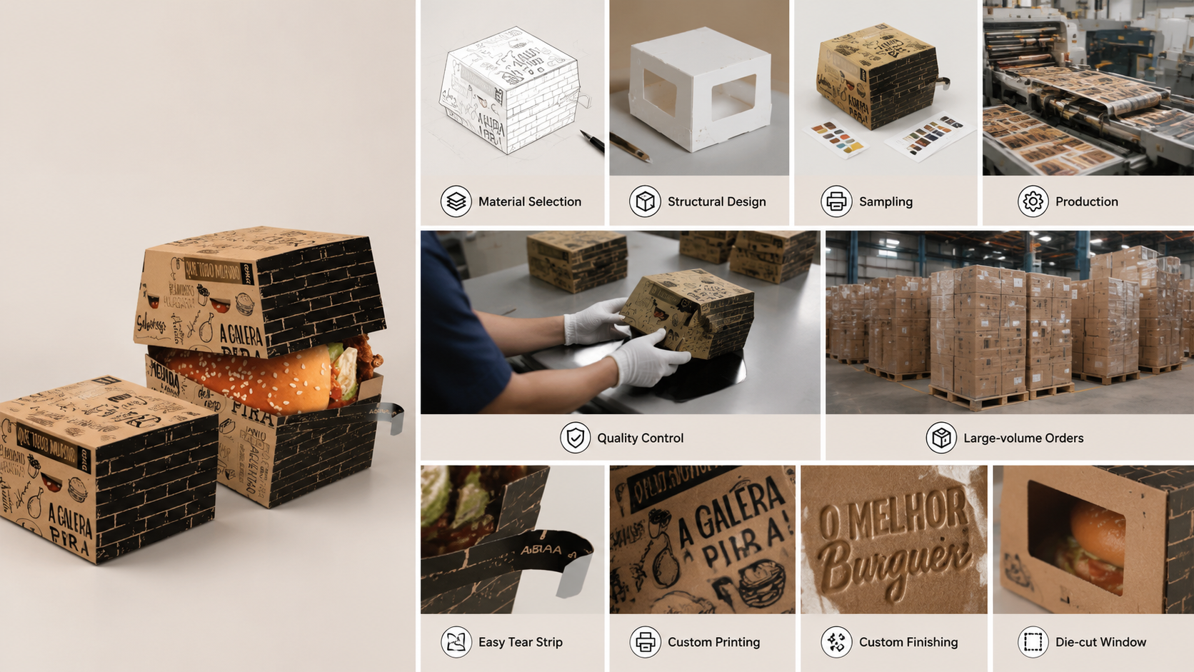 Custom Hamburger & Sandwich Boxes with Easy Tear Strip
