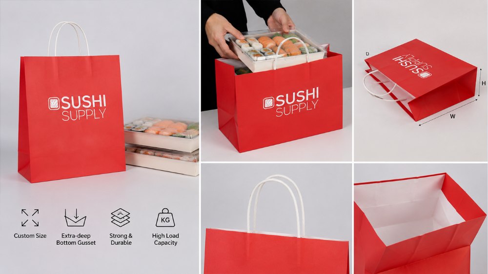 Custom Logo Printed Biodegradable Food Sushi To Go Takeaway Recyclable Kraft Paper Bag With Your Logo (2)