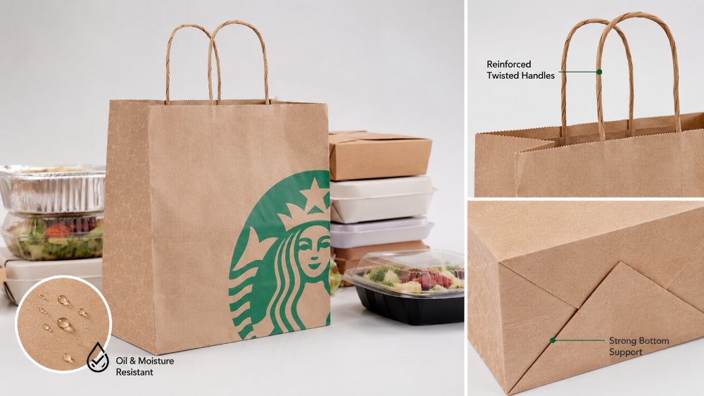 Custom Logo and Print Take Away Carry Out Bag Restaurant Fast Food Biodegradable Takeaway Kraft Paper Bag with Twisted Handle (1)
