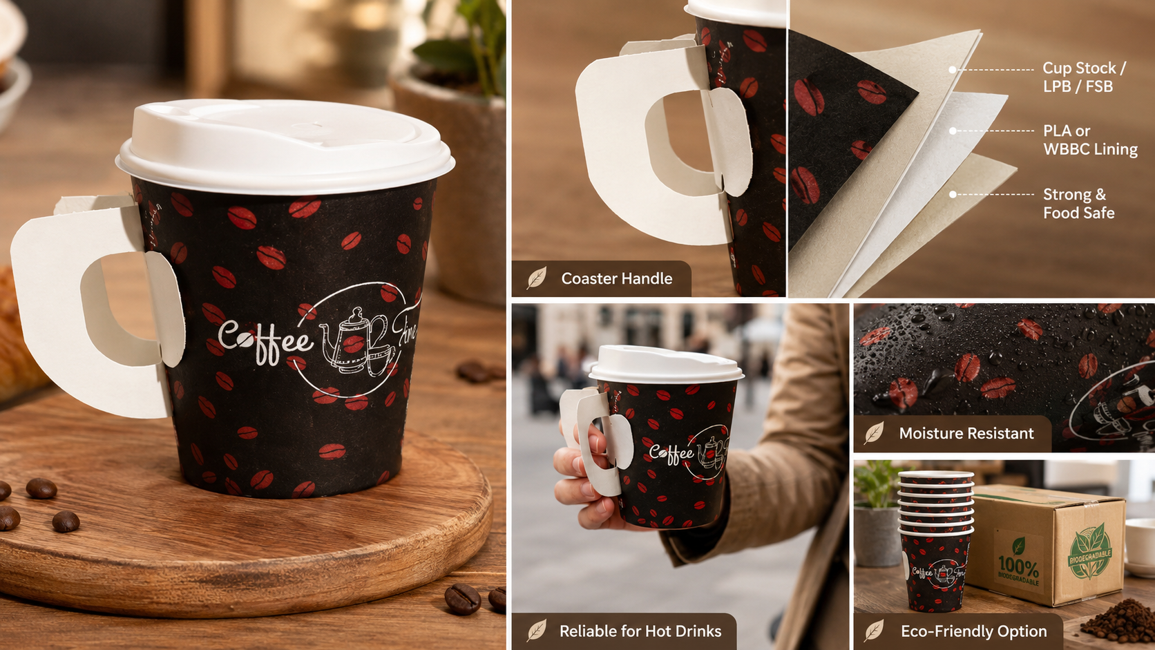 Custom Print Disposable Biodegradable Coffee Paper Cup with Attached Coaster Handle for Hot Drink Take Away-1
