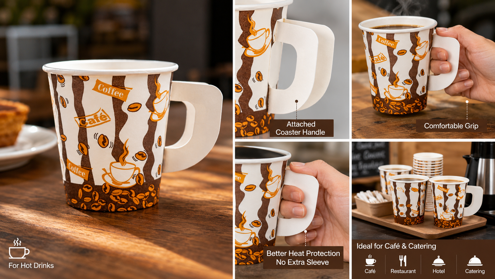 Custom Print Disposable Biodegradable Coffee Paper Cup with Attached Coaster Handle for Hot Drink Take Away-2