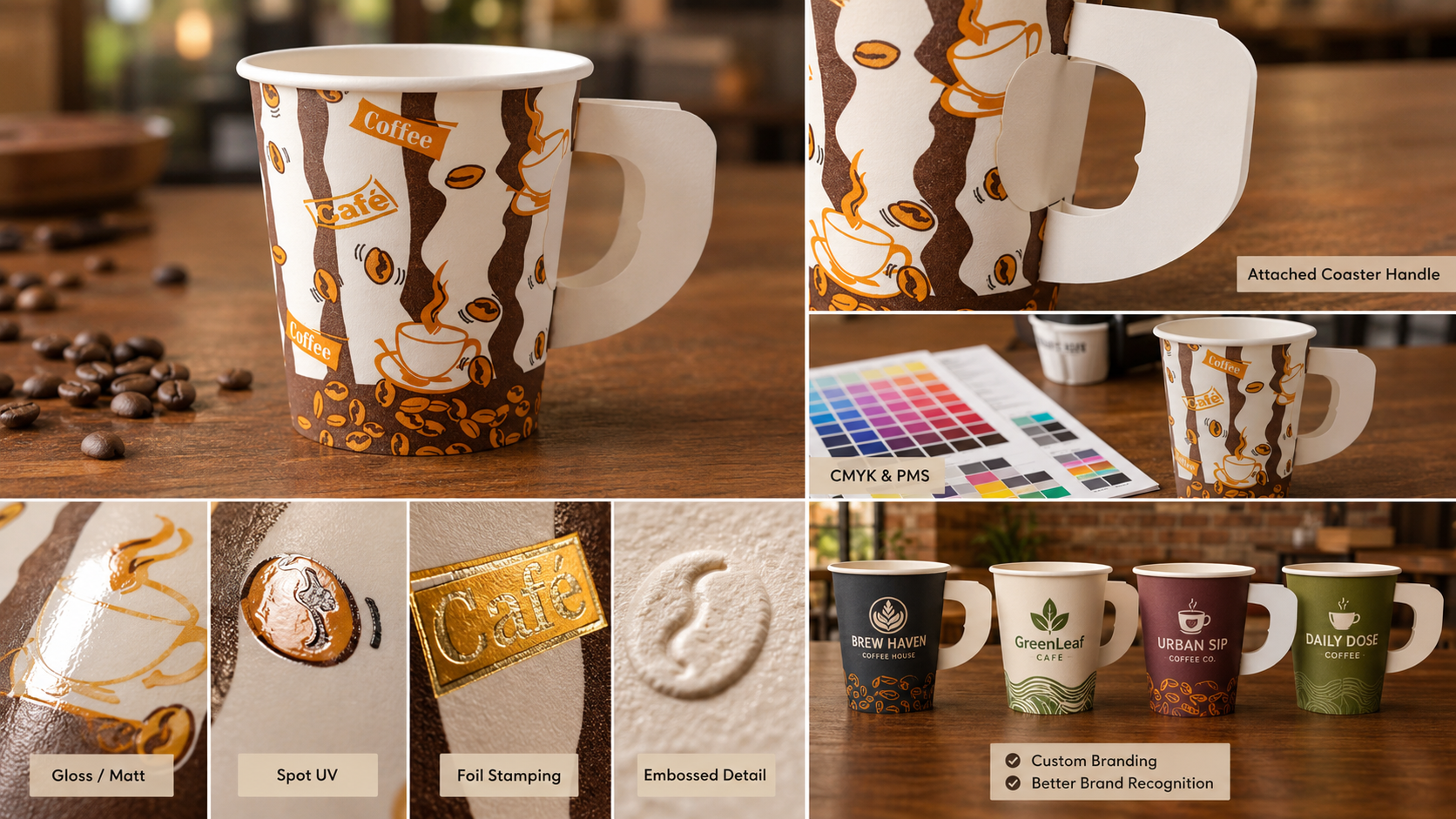 Custom Print Disposable Biodegradable Coffee Paper Cup with Attached Coaster Handle for Hot Drink Take Away-3