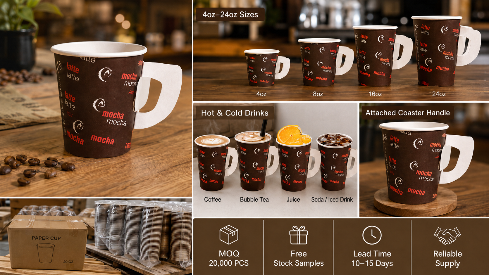 Custom Print Disposable Biodegradable Coffee Paper Cup with Attached Coaster Handle for Hot Drink Take Away-4