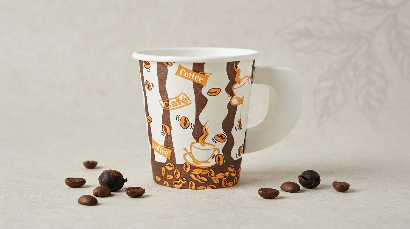 Custom Print Disposable Biodegradable Coffee Paper Cup with Attached Coaster Handle for Hot Drink Take Away