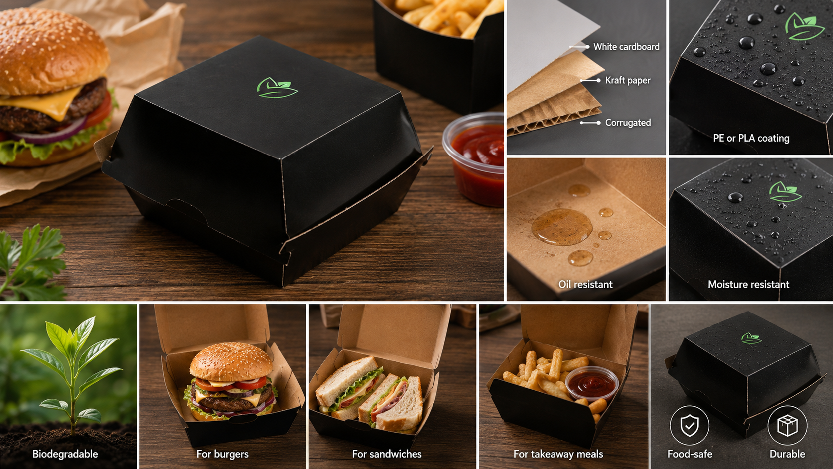 Custom Printed Biodegradable Disposable Corrugated Kraft Burger Box Packaging Hamburger Packaging Paper Box-1