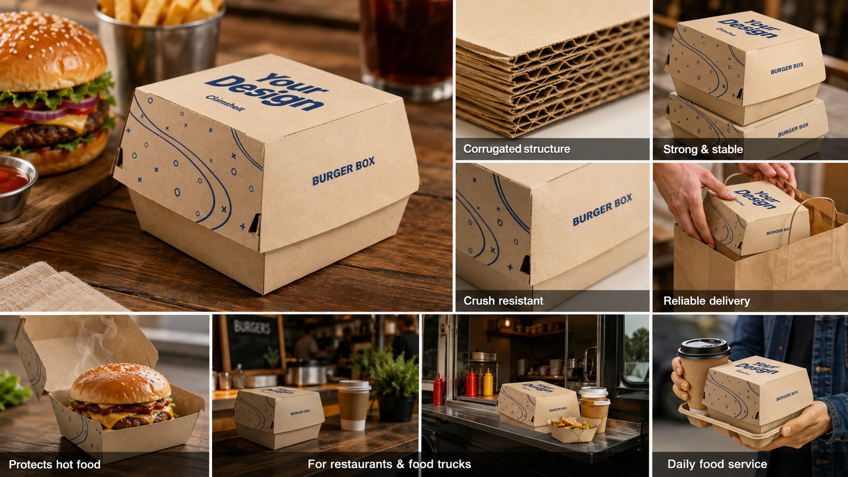 Custom Printed Biodegradable Disposable Corrugated Kraft Burger Box Packaging Hamburger Packaging Paper Box-2