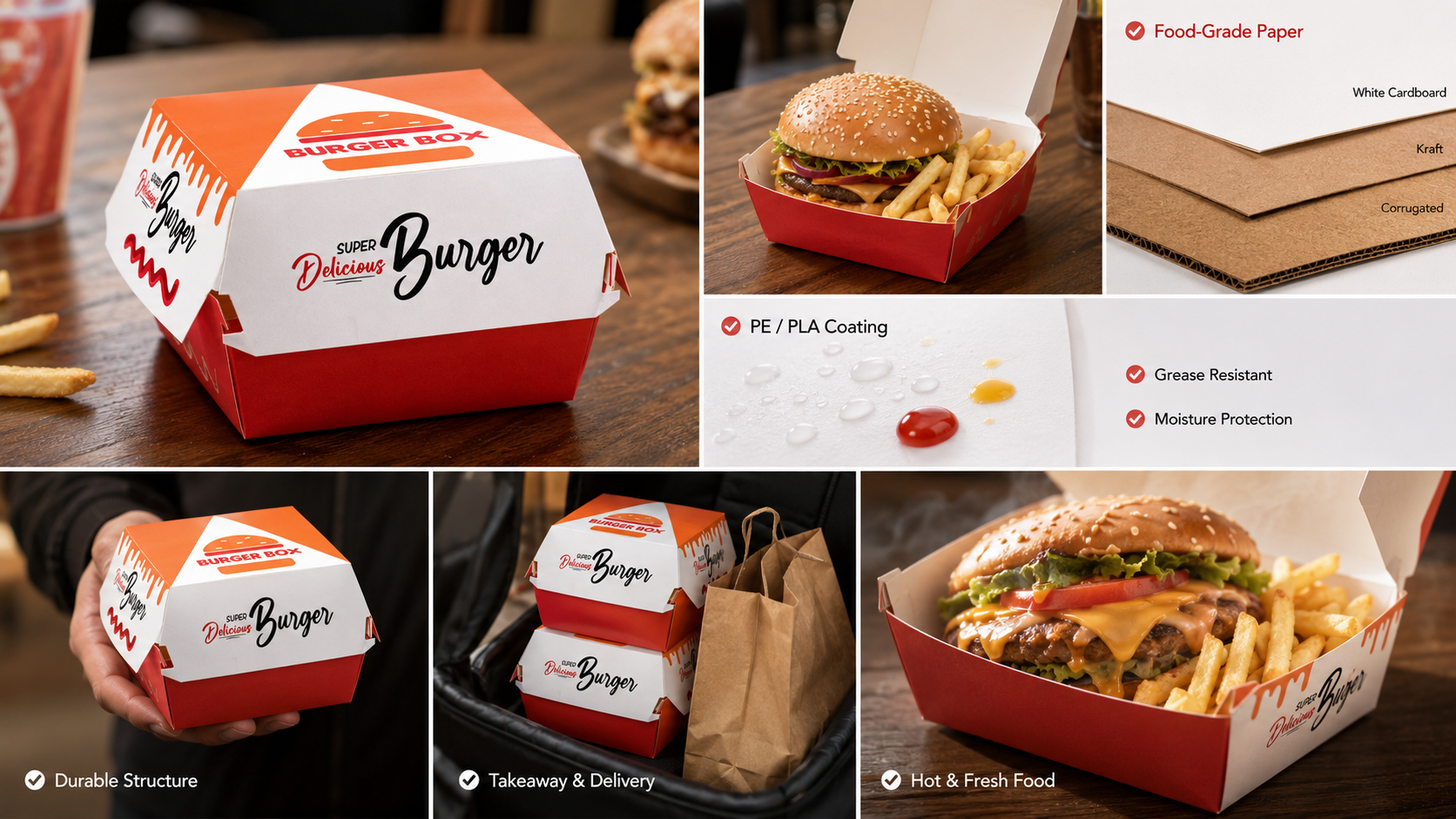 Custom Printed Burger Box Fast Food Take out Paper Box for French Fries Hamburger To Go-1