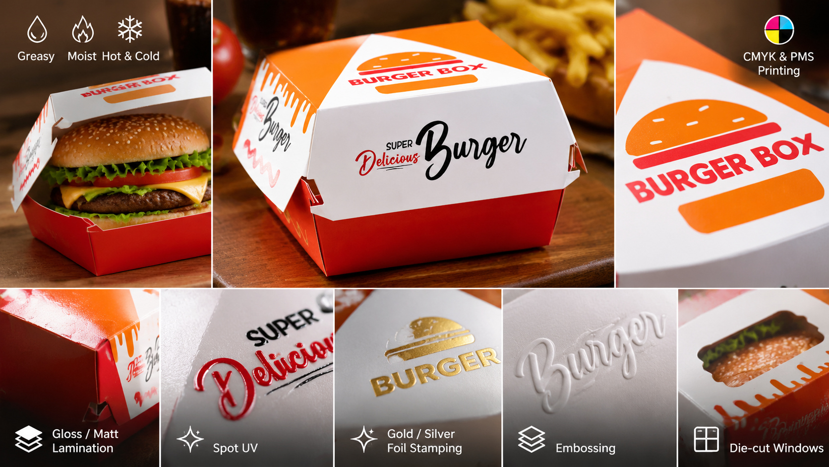 Customized Disposable Food Packaging Hamburger Box Paper Burger Box Fast Food Takeaway Box-2
