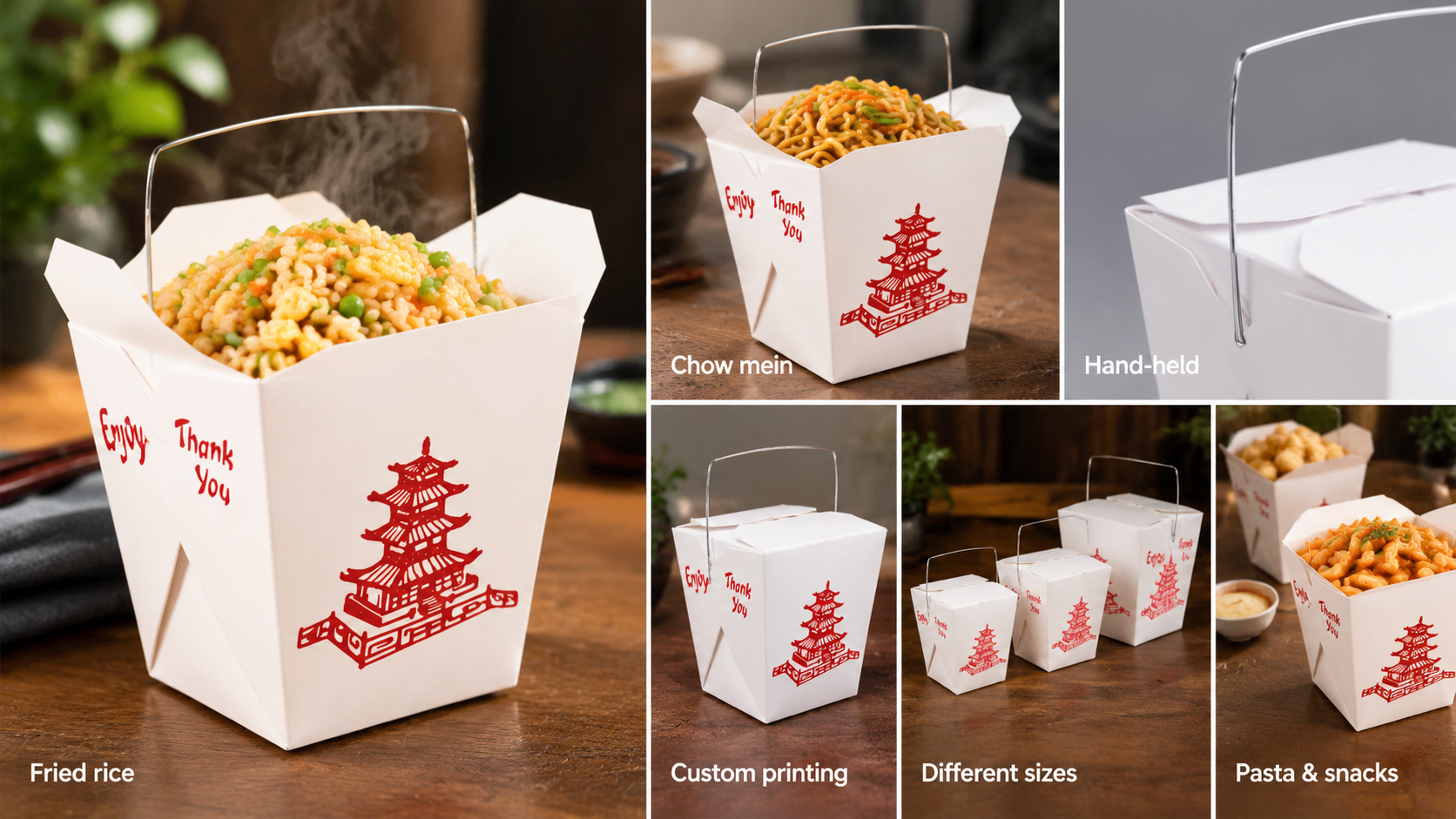 Disposable Fried Rice and Noodles Takeout Food Box Custom Print Hand-Held Kraft Paper Takeaway Box-2