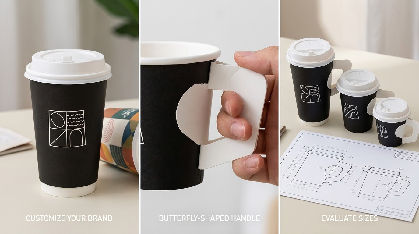 Disposable Paper Cups Customized Hot Coffee Cups Paper Cup with Butterfly Handle and Lids-1