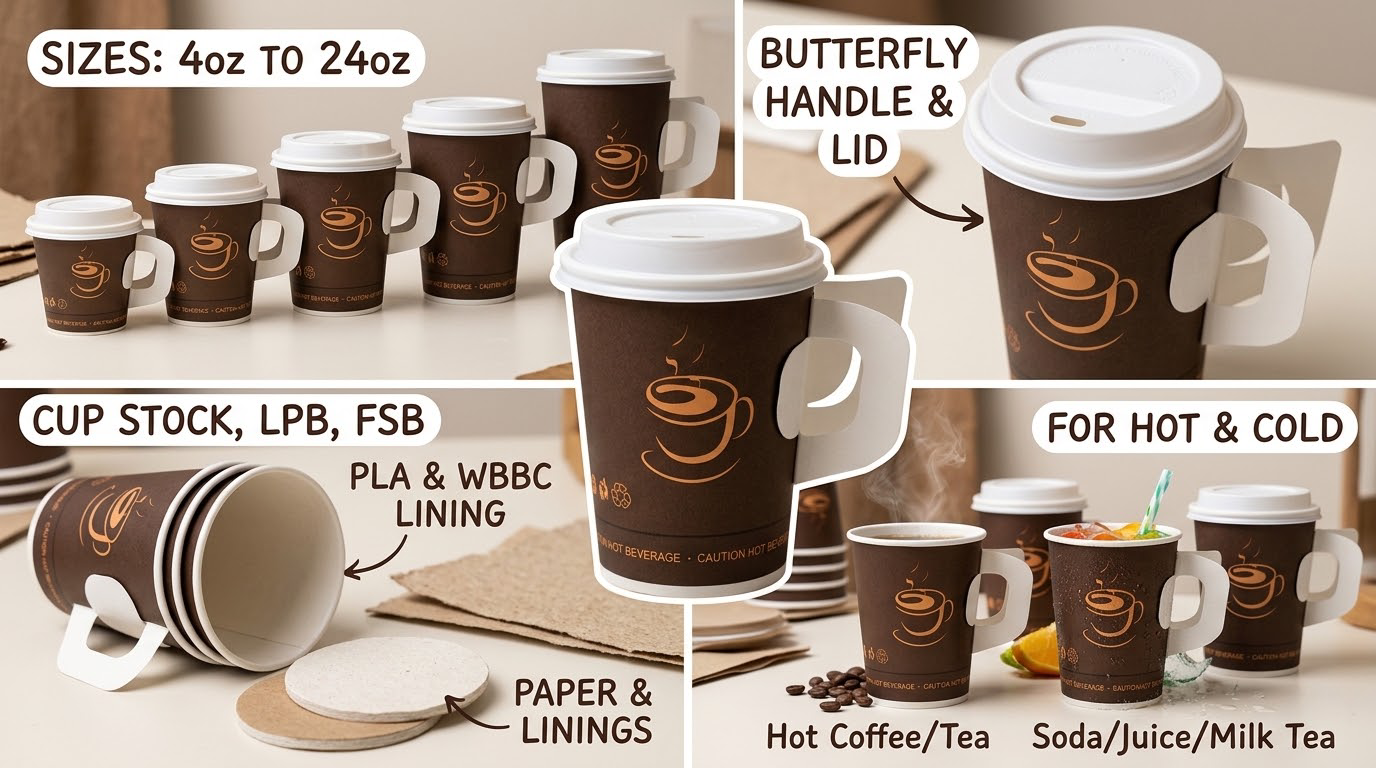 Disposable Paper Cups Customized Hot Coffee Cups Paper Cup with Butterfly Handle and Lids-2