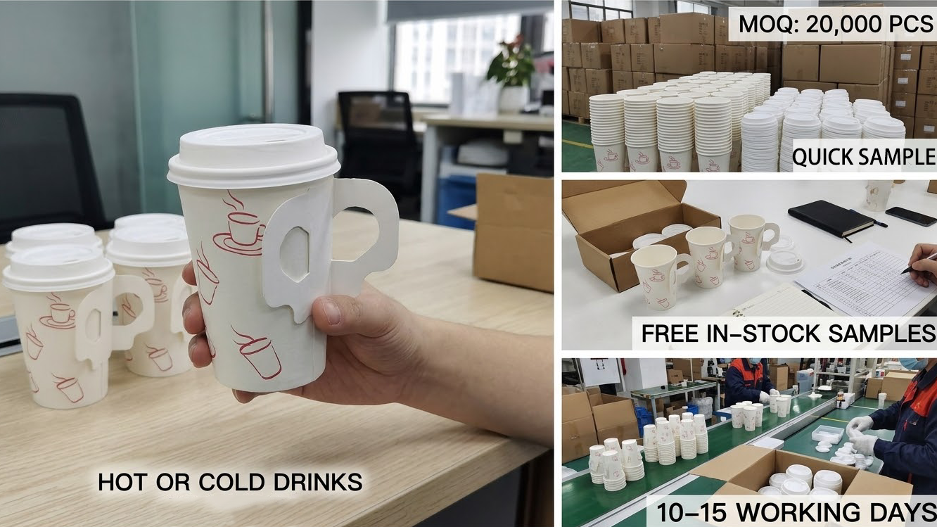 Disposable Paper Cups Customized Hot Coffee Cups Paper Cup with Butterfly Handle and Lids-4