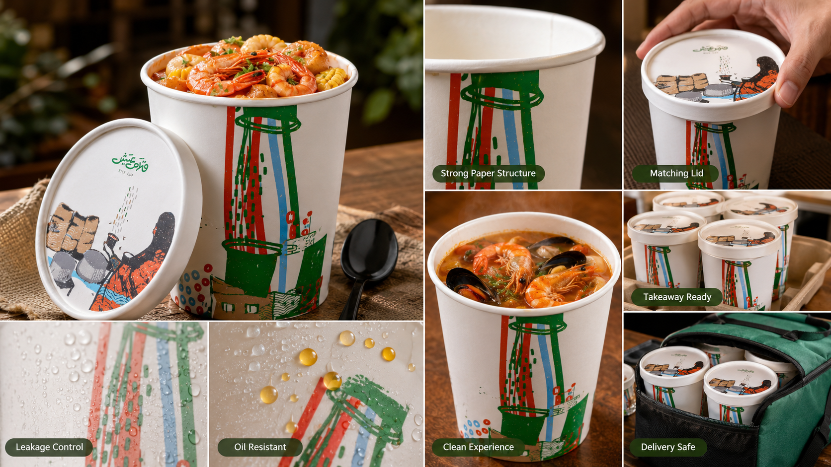 Disposable Recyclable Hot Soup Paper Bowl with Lid Eco Friendly Soup Cup Takeaway Kraft Paper Soup Bowl With Lid-2