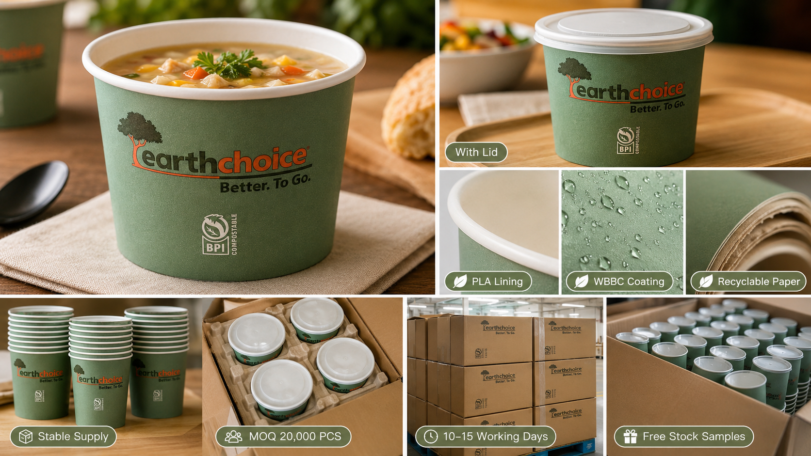 Disposable Recyclable Hot Soup Paper Bowl with Lid Eco Friendly Soup Cup Takeaway Kraft Paper Soup Bowl With Lid-4