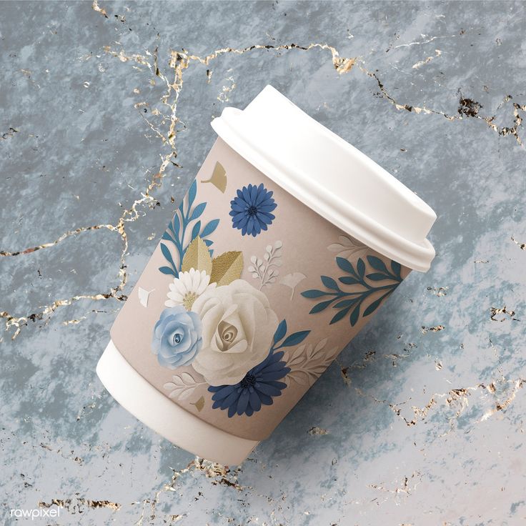 Download premium psd _ image of Coffee paper cup with flowers patterned sleeve illustration by Adjima about cafe flower, pattern, paper glass, coffee bloom, and cute 1201304