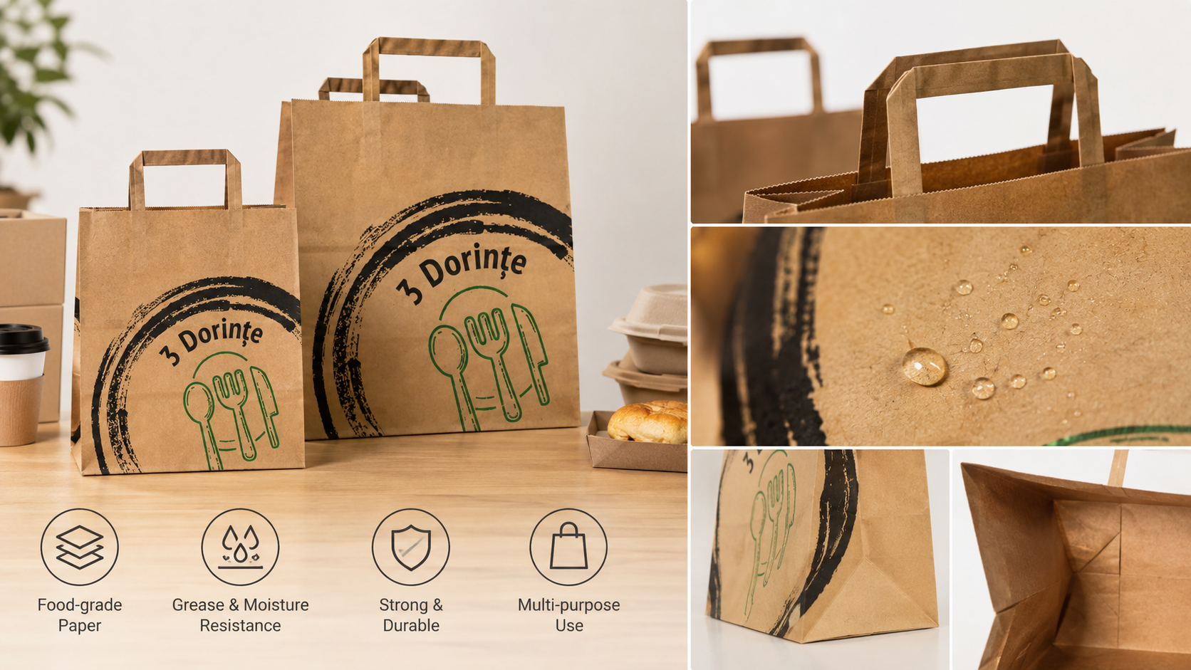 Durable Custom Printing Logo Size Fast Food Gift Shopping Take Away Kraft Paper Bags With Flat Handle-1