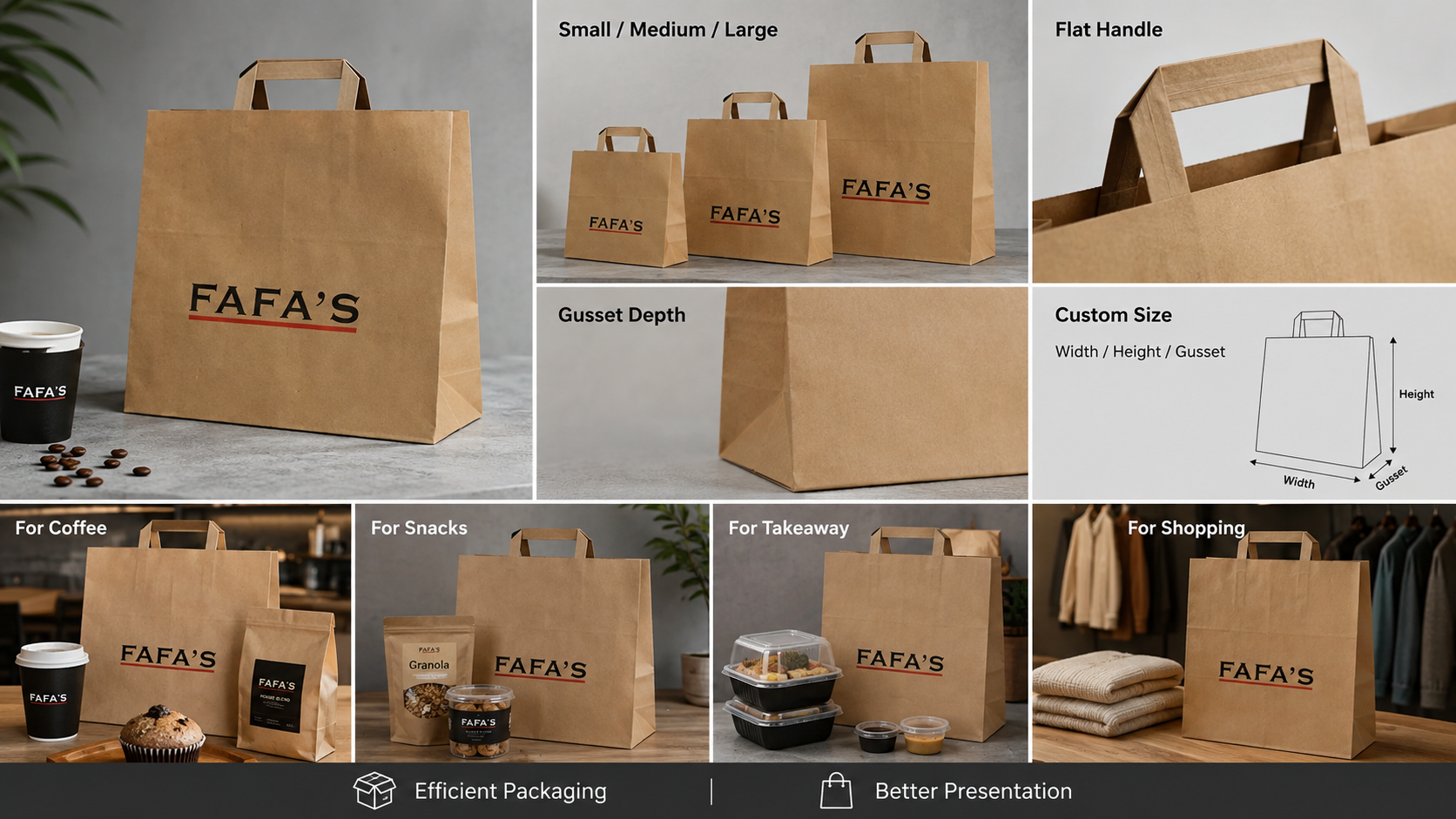 Durable Custom Printing Logo Size Fast Food Gift Shopping Take Away Kraft Paper Bags With Flat Handle-3