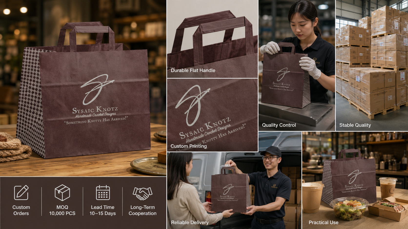 Durable Custom Printing Logo Size Fast Food Gift Shopping Take Away Kraft Paper Bags With Flat Handle-4
