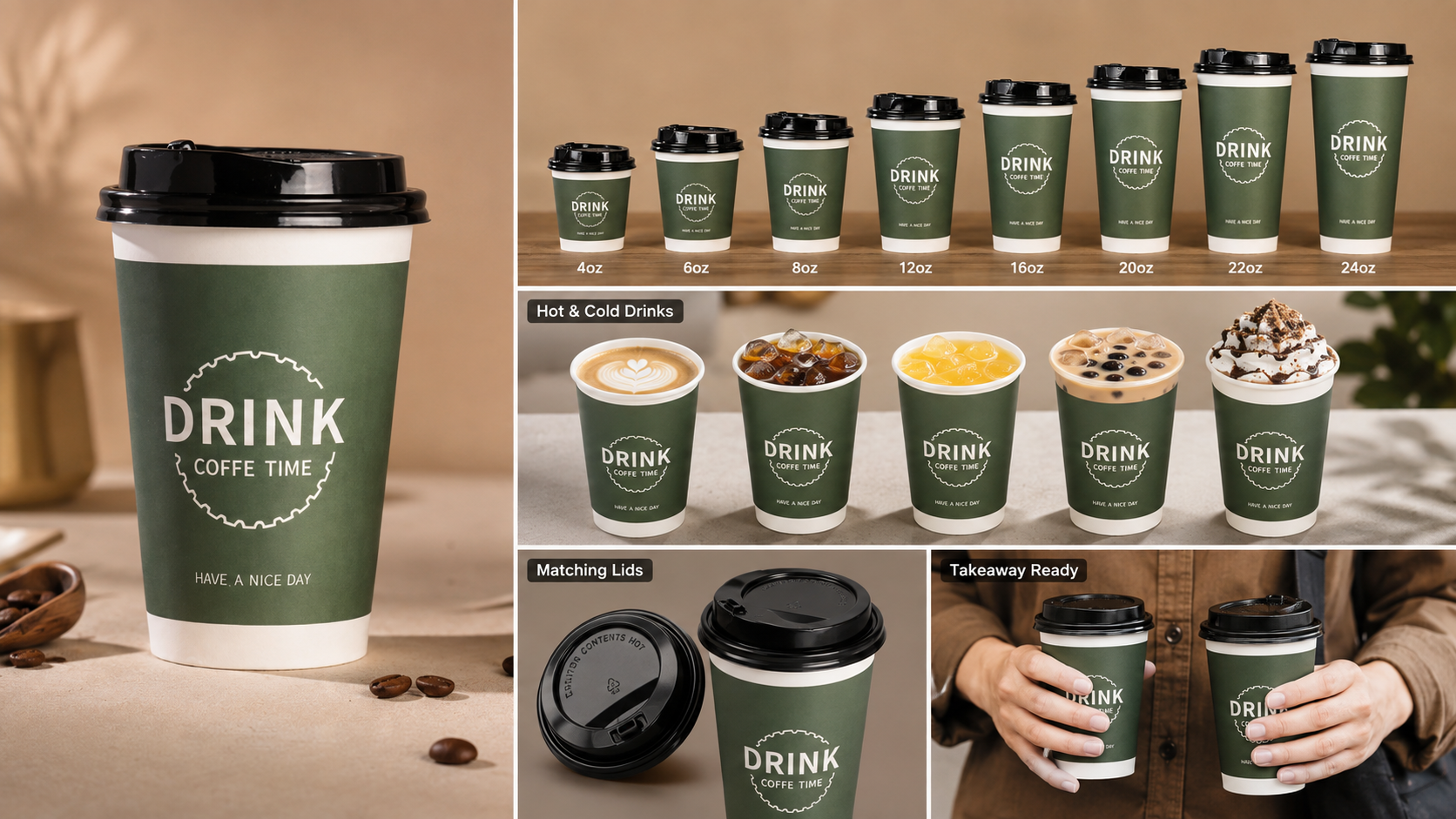 Personalized Paper Coffee Cups with Lids for Secure Brand Beverage Packaging-3