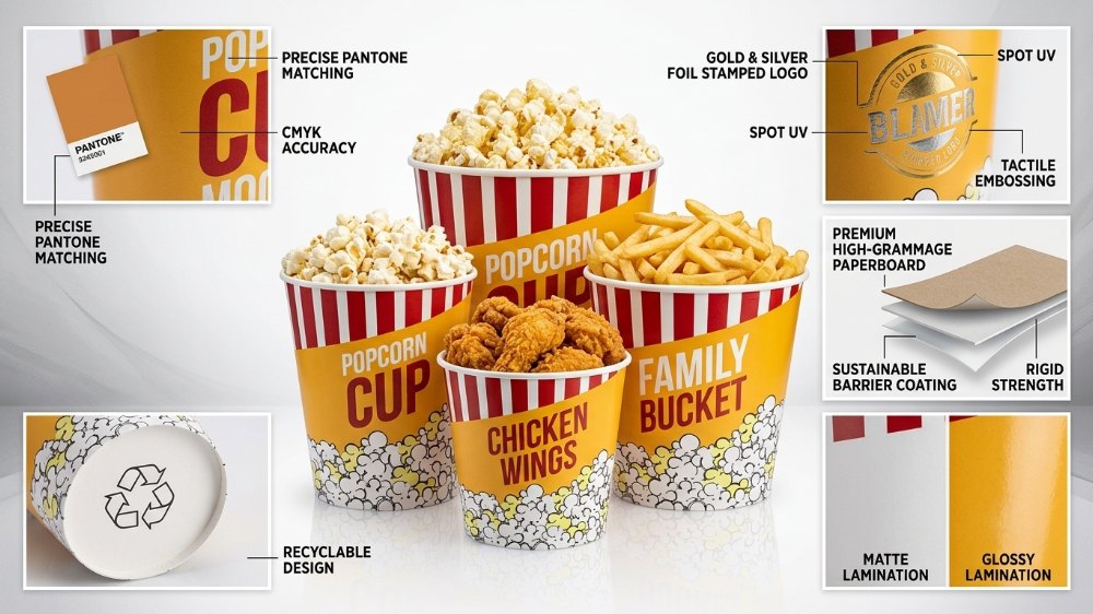 Recyclable Custom Popcorn Buckets Chicken Wing Fries Family Bucket Paper Food Fried Fires Chicken Buckets (3)