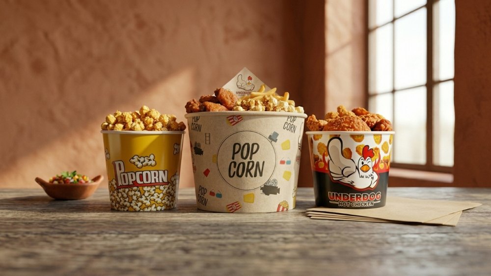 Recyclable Custom Popcorn Buckets Chicken Wing Fries Family Bucket Paper Food Fried Fires Chicken Buckets