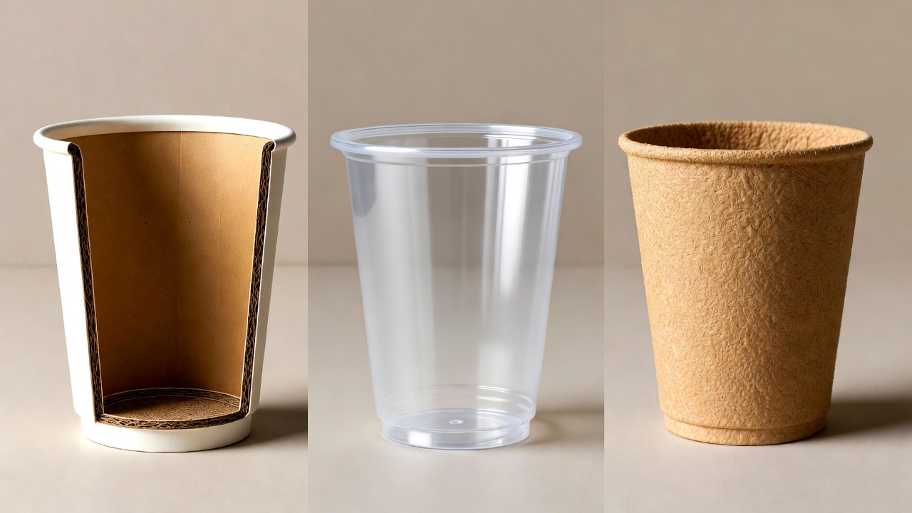 Visual comparison of paper cups, PLA cups, and bagasse cups for hot coffee use image