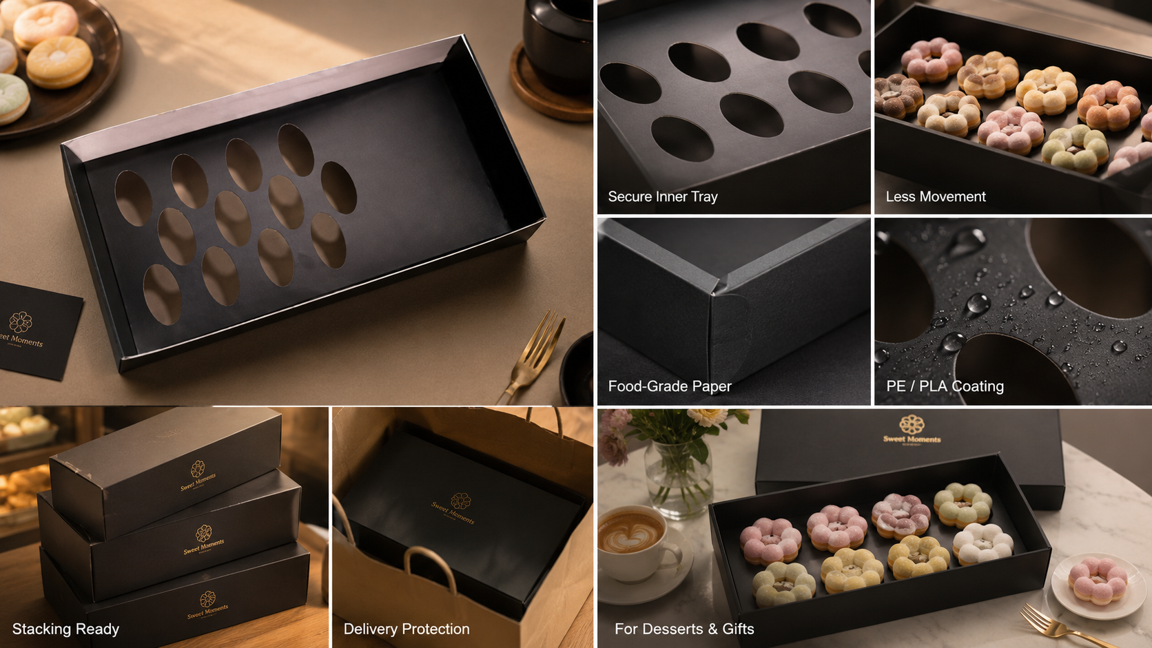 Wholesale Custom Printed Durable Corrugated Paper Packaging Black Luxury Mochi Donut Bouquet Boxes With Logo-2